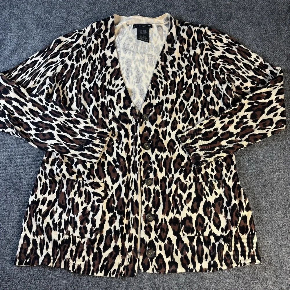 Grace Elements Cardigan Women L Brown Leopard‎ Animal Print Button Front V-Neck